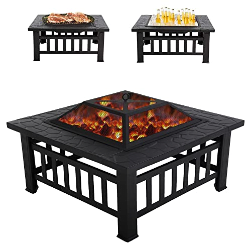 Fire Pit 32in Square Metal Firepit Patio BBQ Fireplace