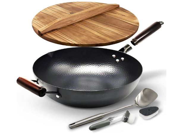 HOME EC Carbon Steel Wok Pan With Lid, Stir Fry Wok Set