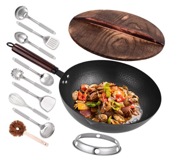 Leidawn 12.8" Carbon Steel Wok-11Pcs Woks & Stir Fry Pans