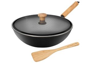 Carbon Steel Wok Pot with Lid, Nonstick Stir Frying Pan with Flat Bottom