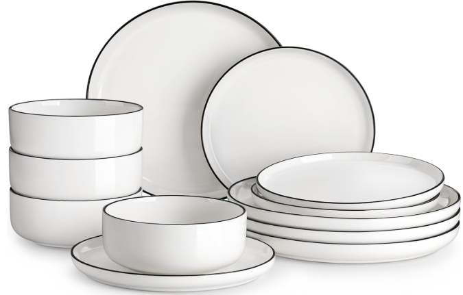 MALACASA Plates and Bowls Sets, 12 Pieces Modern Porcelain Dinnerware Set