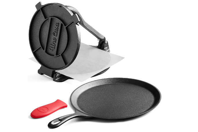 Uno Casa Cast Iron Tortilla Press 8 Inch - Bundle of Skillet for Roti