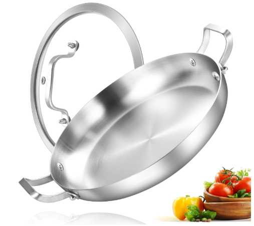 Inqibee Tri-Ply Stainless Steel Paella Pan with Lid