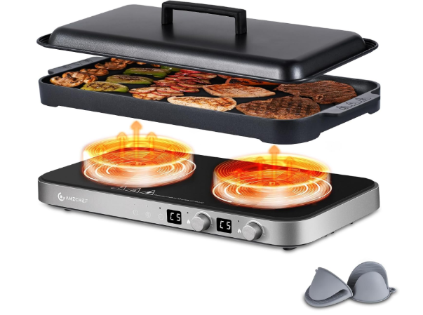 AMZCHEF Double Induction Cooktop with Removable Griddle