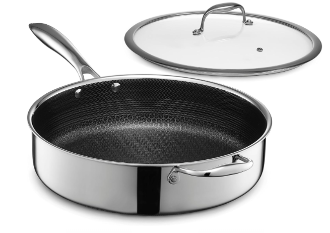 HexClad Hybrid Nonstick 5.5-Quart Deep Sauté Pan with Tempered Glass Lid